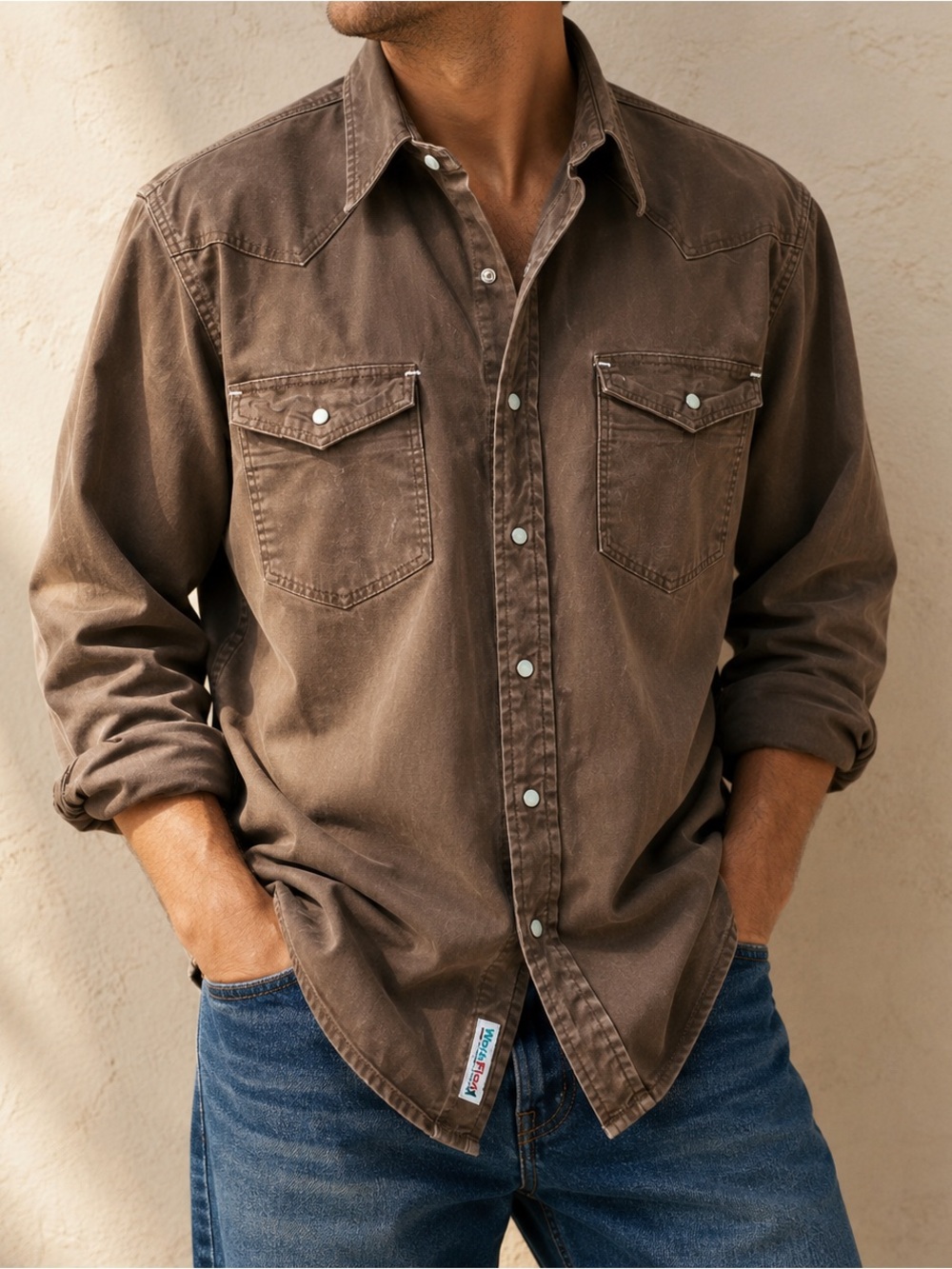 More Cowboy Wear Brown Pearl Snap Western Work Shirt XL Heavy Cotton Distressed
